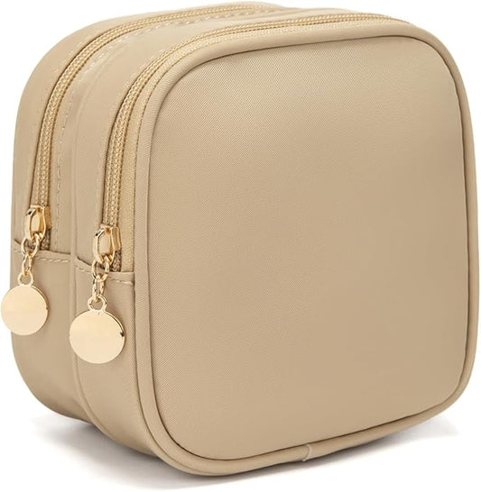 Small Makeup Pouch, Double Zipper Cosmetic Bag, Travel Makeup Bag, Cute Makeup Bag for Purse, Mini Toiletry Bag (Beige)