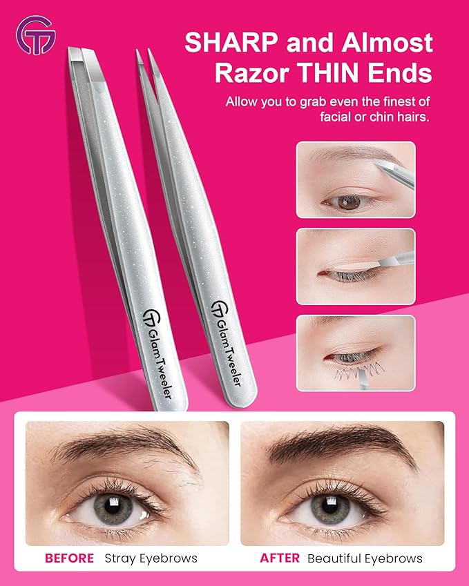 Expert Slant and Point Tip Tweezer Set with Exclusive Storage & Carrying Case, GlamTweeler Sharp & Precision Tweezer Set for Eyebrows, Facial Hairs and Fine Hairs Removal (Sparkle Silver)