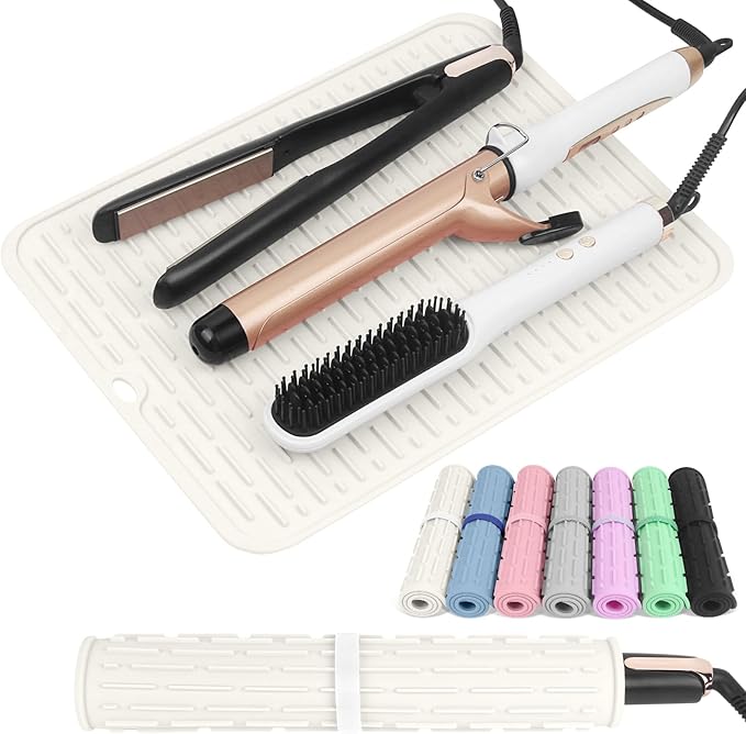AMIJEAL Oversize Silicone Heat Resistant Mat for Hair Tools, Curling Iron Mat, Hot Tools Holder, Portable Flat Iron Hair Straightener Pad Cover for Travel Vanity Salon(14.2" x 11.0")