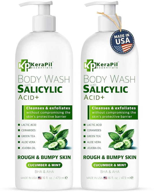 KERAPIL Exfoliating Body Wash with Salicylic Acid - No Dry Out, Gentle Exfoliates Rough and Bumpy Skin, Body Acne Wash, BHA & AHA - Cucumber and Mint Salicylic Acid Body Wash - (16 fl oz x 2)