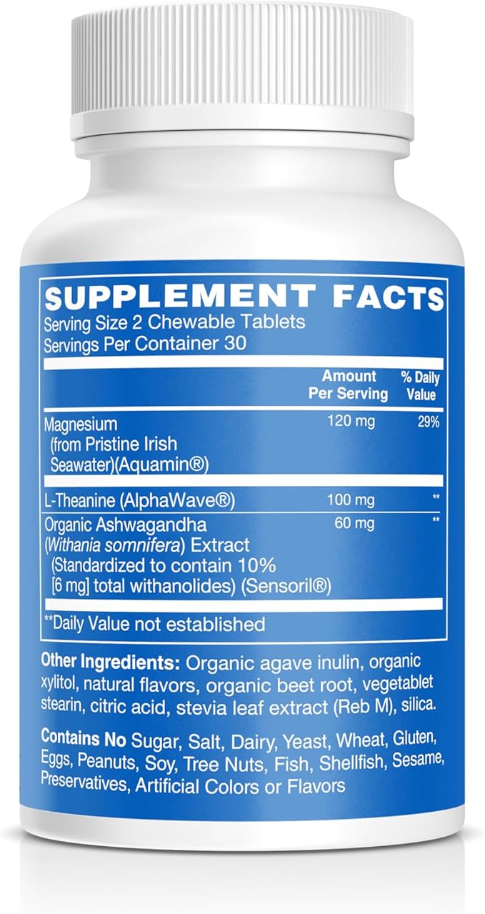 Adult Calm Magnesium Chewables – Magnesium, Ashwagandha & L-Theanine Supplement for Stress, Mood & Relaxation, High Absorption, Non-GMO, Grape Flavor (60 Chewables)