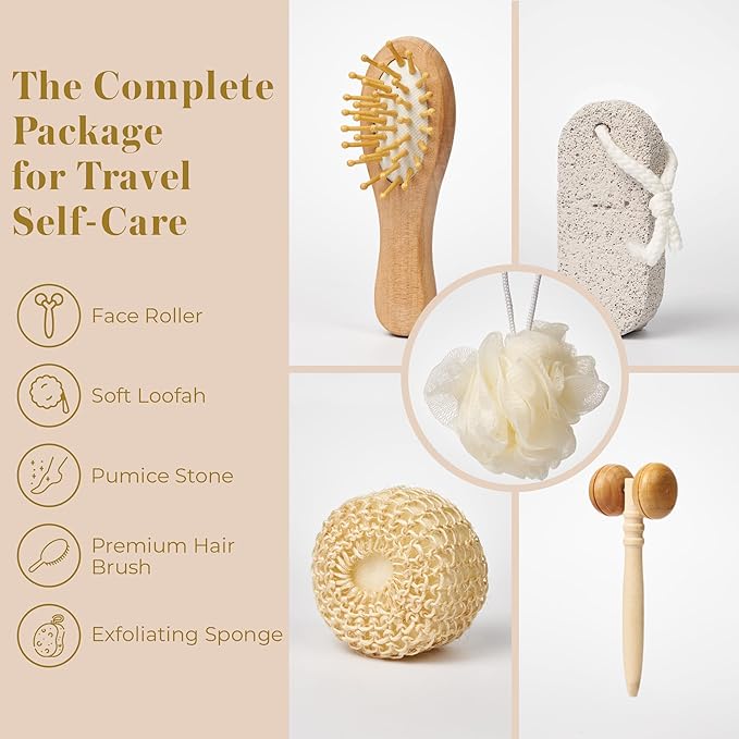 Bella Ciao 6-Piece Body and Skincare Set, Women’s Spa Gift Basket with Face Massage Roller, Hair Brush, Exfoliating Tools and Wooden Tray, Self Care Bath Accessories