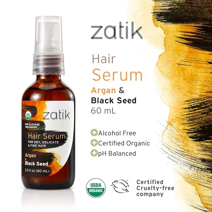 Zatik Naturals - Hair Serum with Argan & Black Seed Organic Oil Blend, For Curl enhancing and fine hair, Vegan, Non-GMO, Free of Gluten, Soy, Alcohol - pH Balanced, Biodegradable, 2.0 fl oz, 60ml