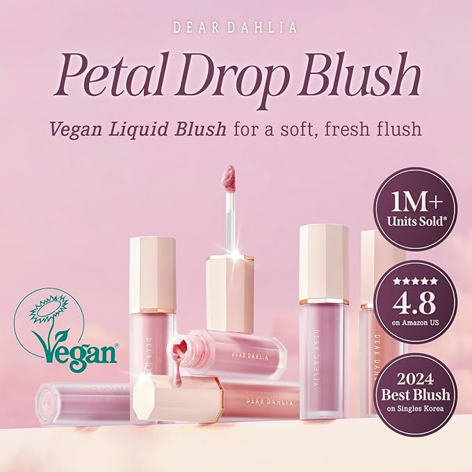 DEAR DAHLIA Petal Drop Blush (Hazy) - Vegan Liquid Blush with Soft, Watercolor-like Finish. Sheer to Buildable Color for a Dewy, Natural Flush. Long-Wear Comfort. Korean Makeup for Cheeks. 0.14 oz