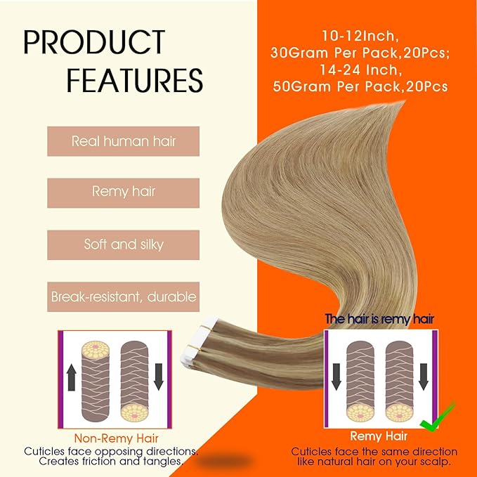 Full Shine Balayage Tape in Hair Extensions 14Inch Remy Human Hair Tape in Extensions Color 10/16/16 Golden Brown And Golden Blonde 50Gram Invisible Skin Weft 20Pcs for Wedding Add Volume