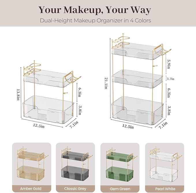 Bathroom Counter Organizer Countertop, 3 Tier Makeup Perfume Storage with Hair Dryer Rack and Toothbrush Holder, Cosmetic Tray for Vanity - Clear