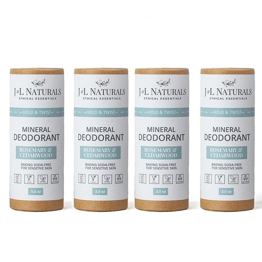 J&L Naturals Mineral Deodorant | Baking Soda-Free, 100% Natural, Sustainable | Sensitive Deodorant For Women & Men | Aluminum Free, Vegan, Cruelty-Free (Rosemary & Cedarwood, 3 Oz (Pack of 4))