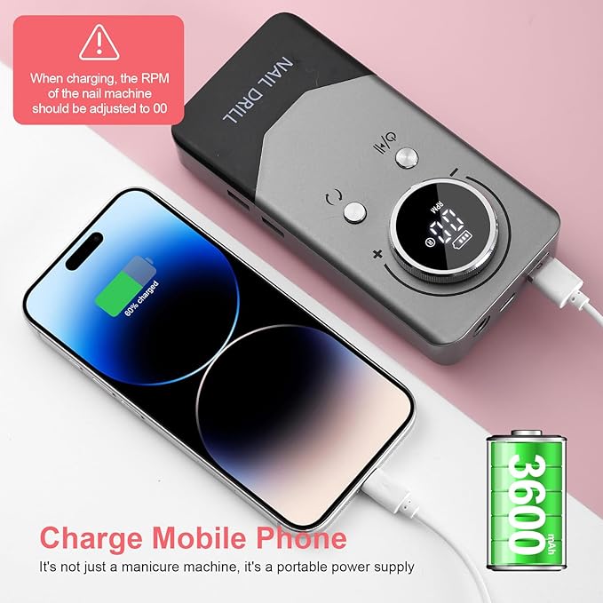 Electric 45000RPM Nail Drill Machine Rechargeable Portable Nail File Electric DIY Nail Drill Kit with Smart LCD Screen for Gel Nail Manicure and Pedicure Reflective Body etc (Grey)