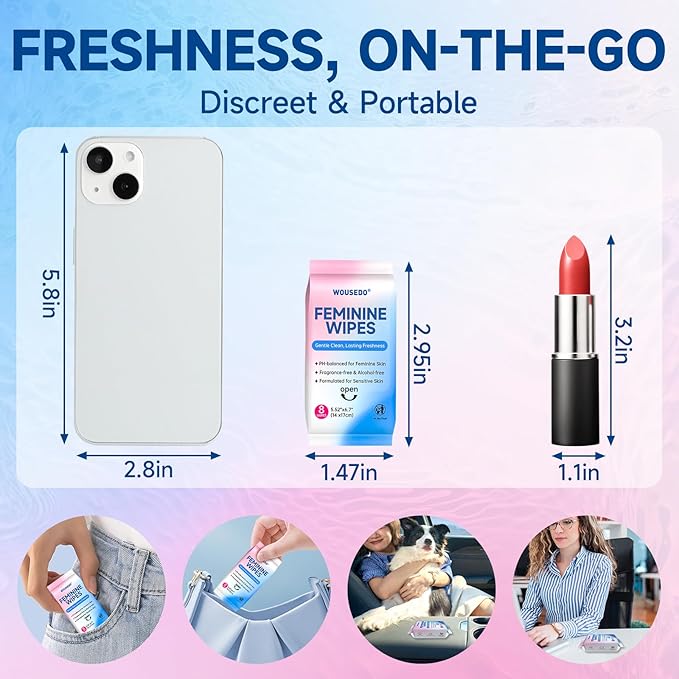 Feminine Hygiene Wipes for Women, pH Balanced & Hypoallergenic Intimate Wipes, Alcohol-Free, Gentle Female Personal Wipes, Convenient Mini Packs for Daily Use & On-The-Go，64 Wipes (Pack of 8)