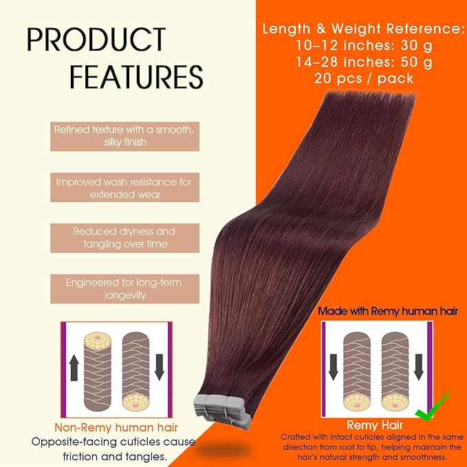 Full Shine Tape ins Human Hair Extensions Wine Red 99J Seamless Skin Weft Tape in Hair Extensions 12Inch Invisible Remy Human Hair 30Gram 20Pcs Add Volume Real Hair for Party Natural