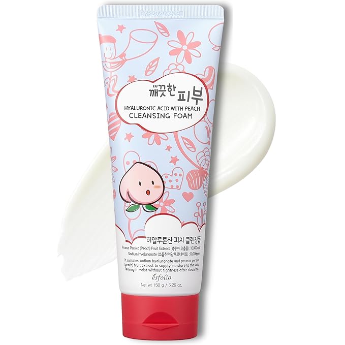 esfolio Hyaluronic Acid with Peach Cleansing Foam Face Wash – Moisturizing Facial Cleanser – Gently Removes Dirt, Oil & Impurities – Soft Creamy Foam with Hydrating Formula (5.29oz -150g)