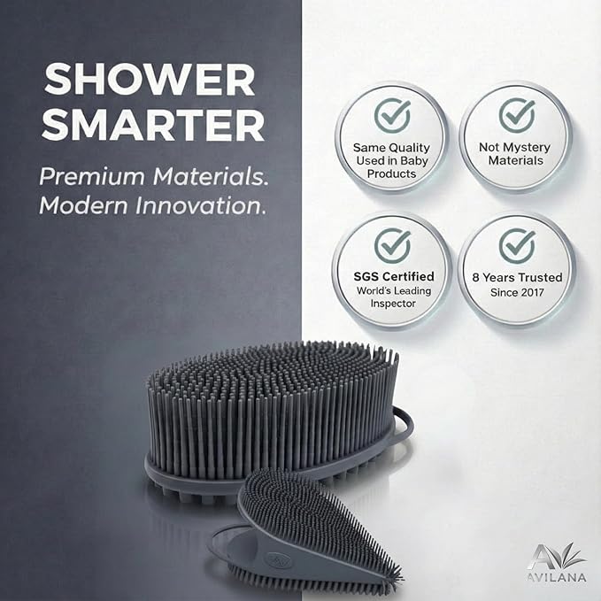 Avilana Premium Body Scrubber and Face Brush Set - 8 Years Trusted Since 2017 - SGS Certified Silicone 2-in-1 Shower Kit, Dual Sided Gentle Exfoliating Loofah Alternative Sensitive Skin Women Men Gift