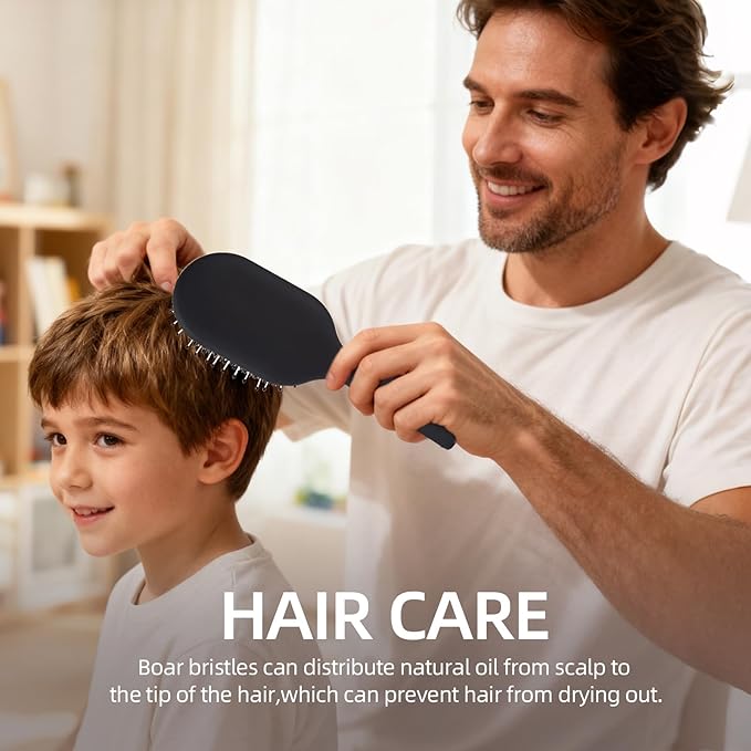 Boar Bristles Hair Brush for Women Men and Kids, Detangling Hair Brush for Smoothing Massage Add Shine, Nylon&Boar Bristles brush for Hair Healthy, Easy to Storage(Black)