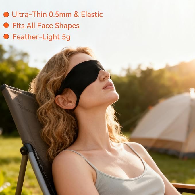 Ultra-Thin Sleep Mask for Travel & Outdoor, 0.3mm & 5g, Breathable Total Blackout Eye Mask, 99.7% Sun Blockout with Portable Leather-Feel Pouch for Beach, Camping, Flights & Office Nap