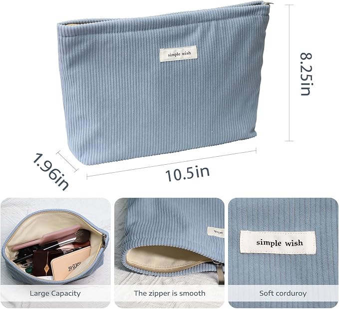 Wudygirl Makeup Bag,Portable Cosmetic Travel Bag for Women and Girls,Large Capacity Corduroy Travel Toiletry Bag(Light Blue)