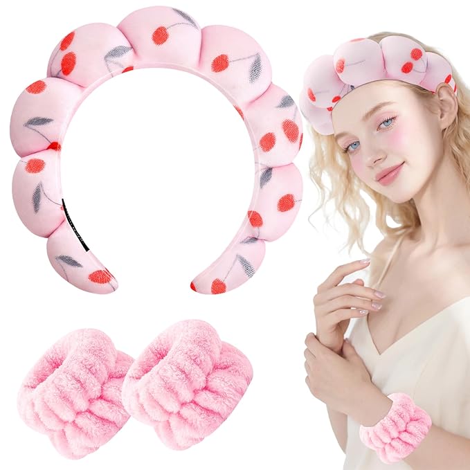 Zkptops Spa Headband for Washing Face Wristband Set Sponge Makeup Skincare Headband Velvet Fabric Bubble Soft Get Ready Hairbands for Women Puffy Headwear Non Slip Thick Thin Hair Accessory (Cherries)