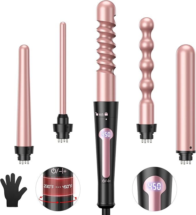 Curling Iron, Curling Wand Set, Instant Heat Up Hair Curler with Interchangeable Tourmaline Ceramic Barrels 0.35" to 1.25"