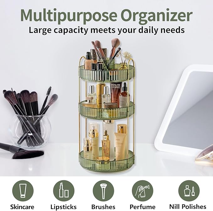 360 Rotating Makeup Organizer,3 Tier Large Capacity Make Up Organizers and Storage,Skincare Perfume Vanity Organizers,Bathroom Cosmetics Storage Organizer Countertop (Green)
