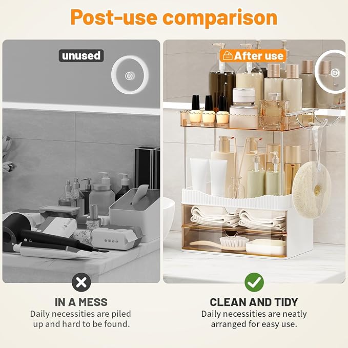 Bathroom Counter Organizer with Hairdryer Holder, 2-Tier 2-Drawer Shower Organizer for Skincare, Makeup Cosmetics, 5-Section Large Capacity Vanity Organizer, Bathroom Decor (Amber)