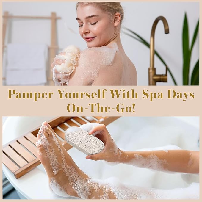 Bella Ciao 6-Piece Body and Skincare Set, Women’s Spa Gift Basket with Face Massage Roller, Hair Brush, Exfoliating Tools and Wooden Tray, Self Care Bath Accessories