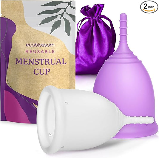 EcoBlossom Reusable Menstrual Cup Set - The Most Reliable Medical Grade Silicone Period Cups - Comfortably use for 12 Hours (Small & Large)