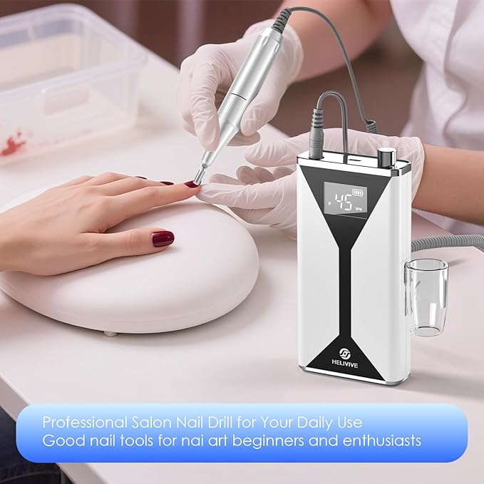 Professional Electric Nail Drill 45000RPM (Portable & Rechargeable) (with 11 Drill Bits ) Cordless Nail File Machine for Shaping, Polishing & Removing Gel Nails for Salon Home (White)