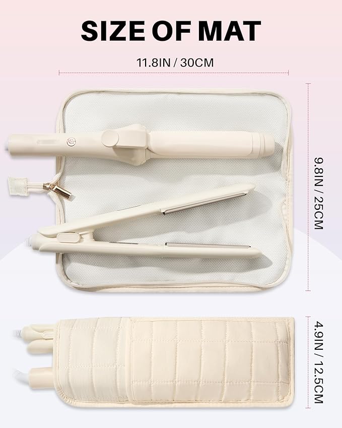 Hot Tools Travel Case with Heat Resistant Mat Pouch, Large Hair Tool Organizer Bag for Curling Iron Flat Iron Hair Dryer Hot Air Brush, Water Resistant Makeup Bag Gift for Women, Beige