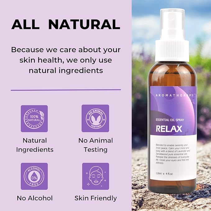 Benatu Lavender Sandalwood Essential Oil Blend Spray for Body and Hair, Multi-Use Natural Relax Scent Aromatherapy Room Mist for Pillow, Fabric, Bedding, Linen, Car 4 fl oz