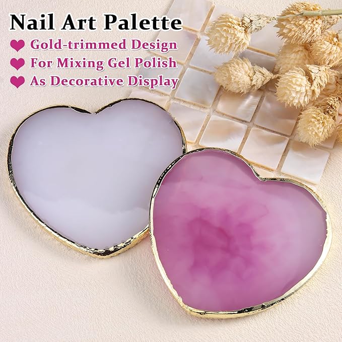 2 Pcs Resin Nail Art Palette, Heart Shaped Nails Art Painting Palettes with Gold Edge Nail Gel Polish Holder Makeup Display Board Cosmetic Mixing Tools Manicure DIY Home Salon Use