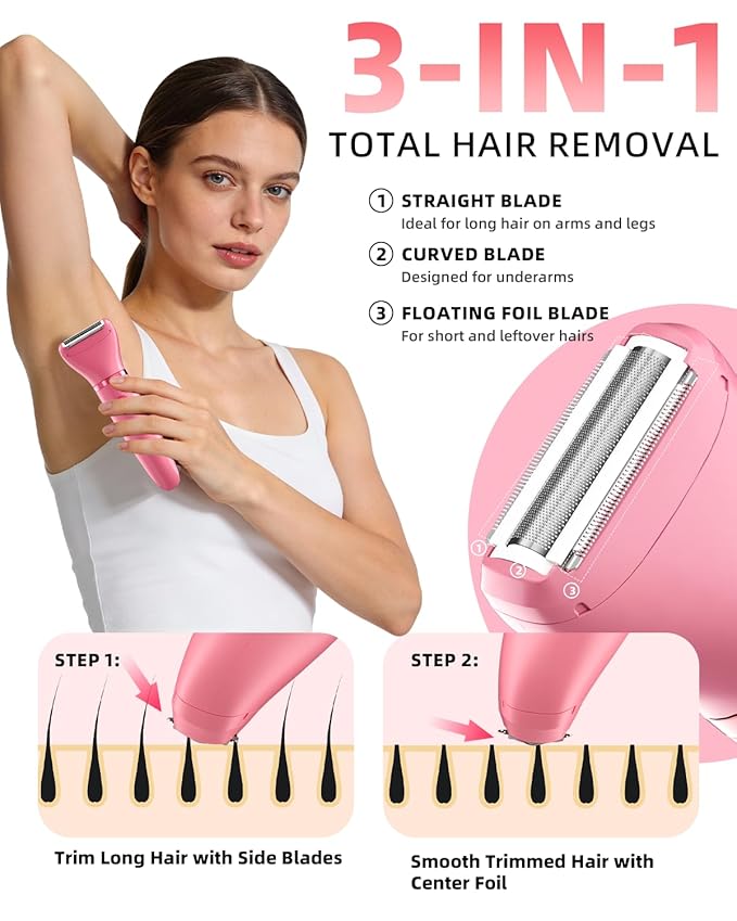 Ufree Bikini Trimmer Electric Razors for Women, Rechargeable Pubic Hair Trimmer Electric Shaver for Legs Body Hair, Bikini Shaver IPX7 Waterproof, Rose Red