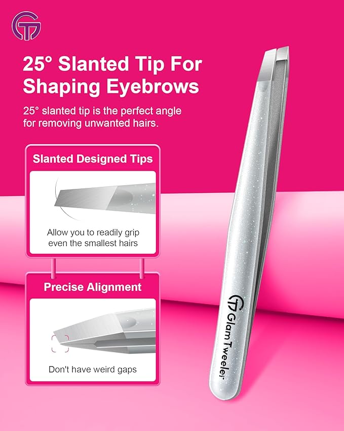 Expert Slant and Point Tip Tweezer Set with Exclusive Storage & Carrying Case, GlamTweeler Sharp & Precision Tweezer Set for Eyebrows, Facial Hairs and Fine Hairs Removal (Sparkle Silver)