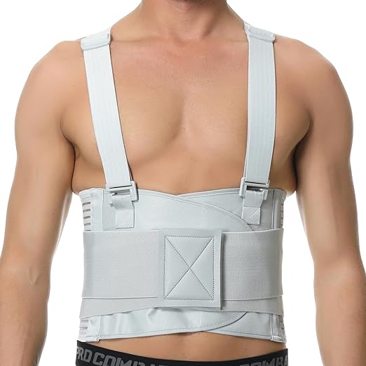 NeoTech Care Back Brace with Suspenders for Work - Industrial Lifting Safety, Elastic Compression, Hook & Loop Closure (Gray, Size XL)