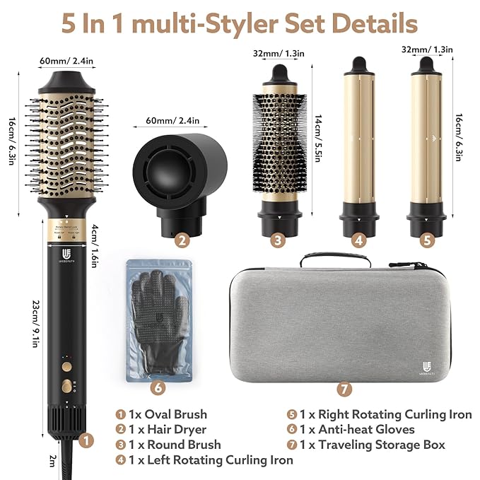 Hot Air Brush Hair Styler, 6 in 1 Hair Dryer Brush Auto Wrap Curlers Frizz-Free Styling Tool for All Hair Types Fast Drying, Curling, Smoothing, Volumizing & Straightening with Travel Storage Case