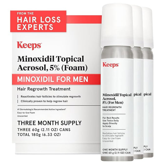 Keeps Extra Strength Minoxidil for Men - 5% Minoxidil Foam Hair Loss & Regrowth Treatment for Thinning & Bald Spots - Clinically Proven Hair Growth Products - Unscented Topical Aerosol Foam