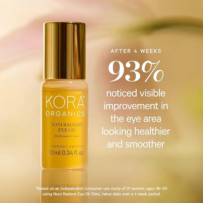KORA Organics Noni Radiant Eye Oil with Rose Quartz Roller Ball Applicator, Under Eye Roller Serum That Helps Reduce Puffiness, Dark Circles & Wrinkles, Certified Organic, Cruelty Free, 0.34 fl oz