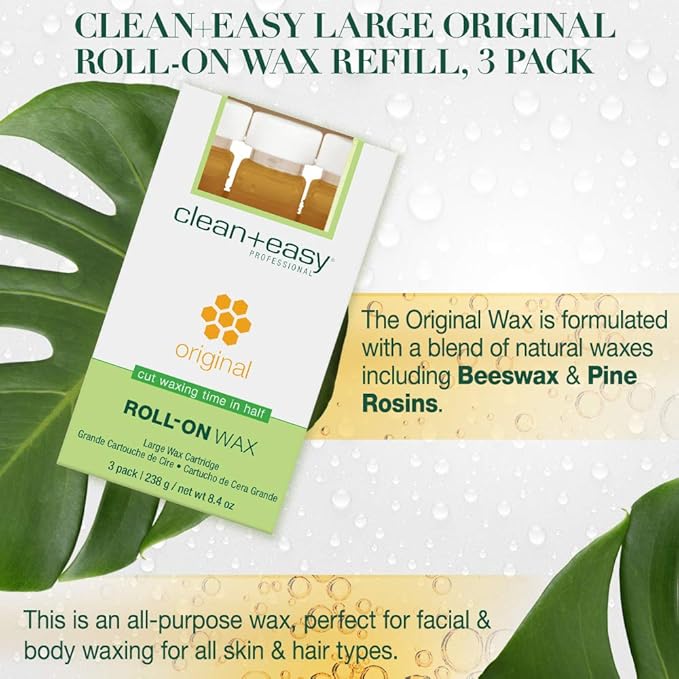 Clean + Easy Original Roll On Wax – Large Soft Wax Refill Cartridge for Smooth Hair Removal on Legs, Arms & Body, 3 Pack