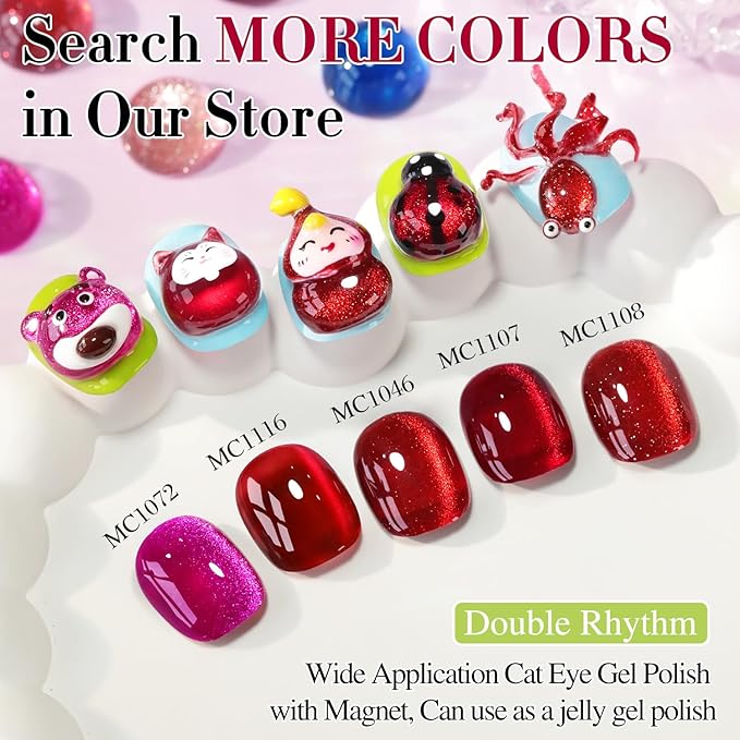 Double Rhythm Jelly Glass Cat Eye Gel Polish with Magnet 15ML Holographic Glitter Shimmer Translucent Sheer Color Magnetic Nail Polish Salon DIY at Home (Red-MC1116)