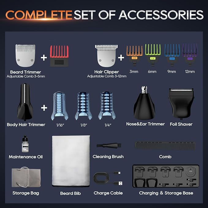 Beard Trimmer for Men, Magnetic Snap-on Replacement Heads & Charging Dock, IPX7 Waterproof Cordless Hair Clippers, Mens Grooming Kits for Mustache/Body/Face/Ear/Nose, Gray