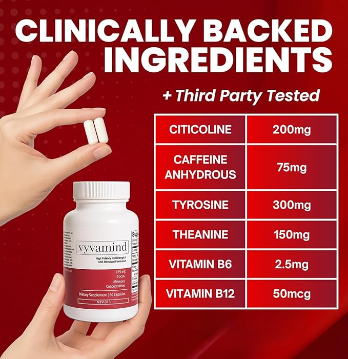 vyvamind Neurostimulant + Focus Aid Nootropic for Enhanced Concentration & Mental Clarity, Brain Support with Caffeine L-Theanine, Fast-Acting Cognitive Boost, 60 Capsules