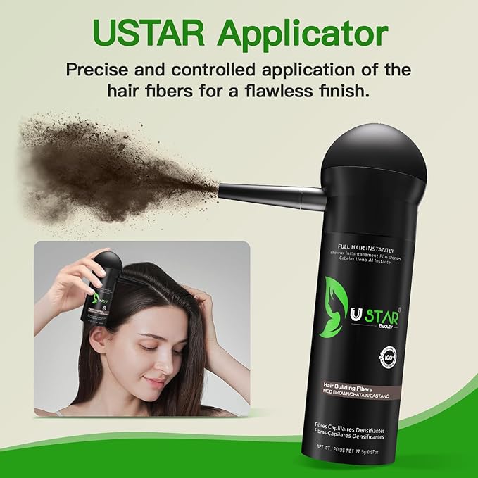 Hair Building Fibers 77.5g, USTAR 5 in 1 Hair Fibers for Thinning Hair with Holding Spray for Instantly Thicker, Fuller Look, Styling Hair Powder for Men & Women (Medium Brown)