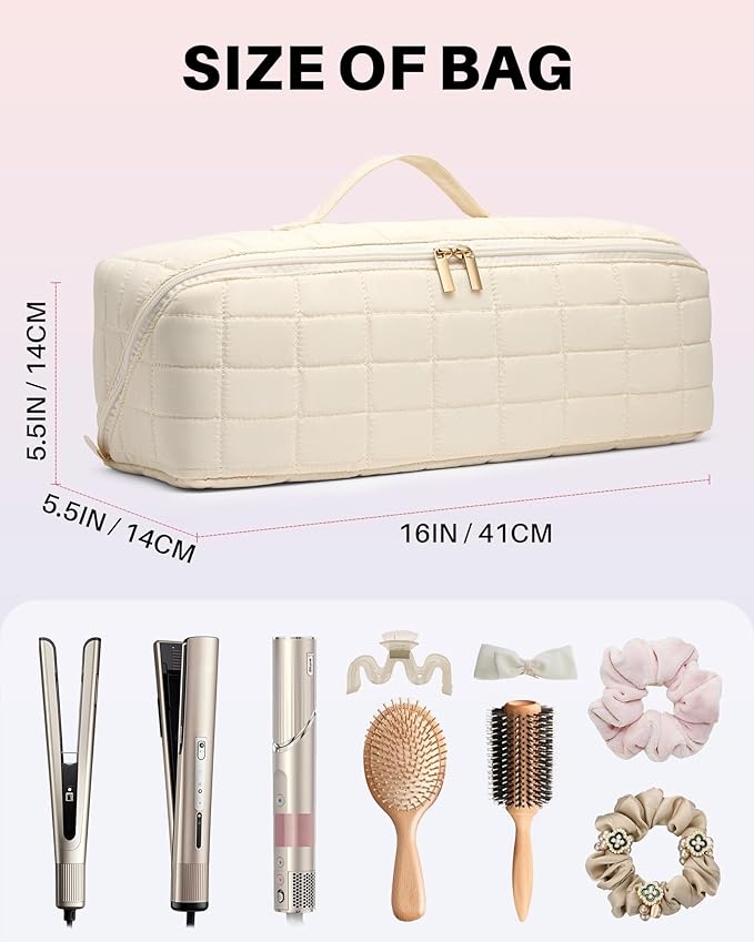 Hot Tools Travel Case with Heat Resistant Mat Pouch, Large Hair Tool Organizer Bag for Curling Iron Flat Iron Hair Dryer Hot Air Brush, Water Resistant Makeup Bag Gift for Women, Beige