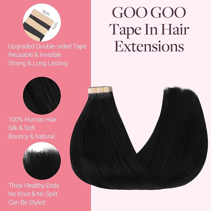 GOO GOO Tape in Hair Extensions Human Hair, 1 Jet black, 10inch 30g 20pcs, Skin Weft Seamless Invisible, Silky Straight with Thick Ends, Remy Human Hair