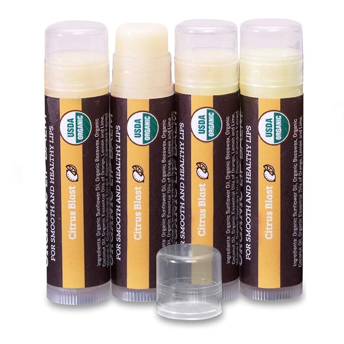 Earth's Daughter USDA Organic Lip Balm 4-Pack Citrus Flavor - Beeswax, Coconut Oil, Vitamin E - Best Lip Repair Chapstick for Dry Cracked Lips.