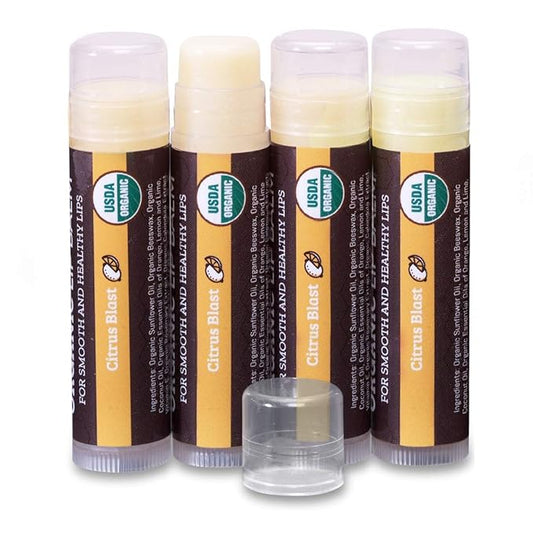 Earth's Daughter USDA Organic Lip Balm 4-Pack Citrus Flavor - Beeswax, Coconut Oil, Vitamin E - Best Lip Repair Chapstick for Dry Cracked Lips.