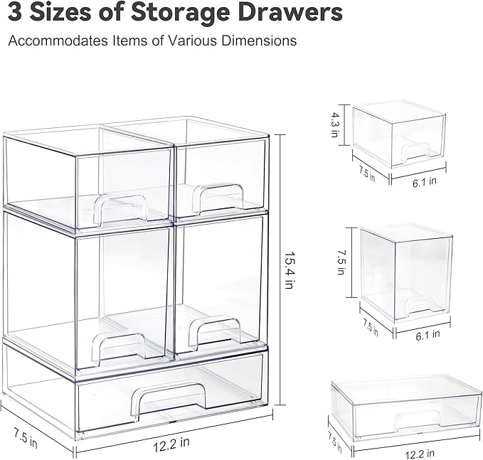 Clear Stackable Storage Drawers, Pull-Out Makeup Organizer, Transparent Baby Bottle Organizer, Storage Bins Suitable for Vanity Tables, Bathrooms, Kitchens (5-Piece Set)