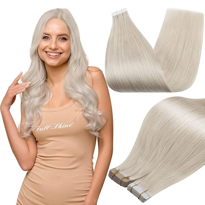 Full Shine Human Hair Extensions Tape in 16Inch Invisible Remy Tape in Hair Extensions Double Sided Adhesive Color 1000 Blonde Silky Straight Real Human Hair Tape ins Human Hair 50G 20Pcs for Wedding