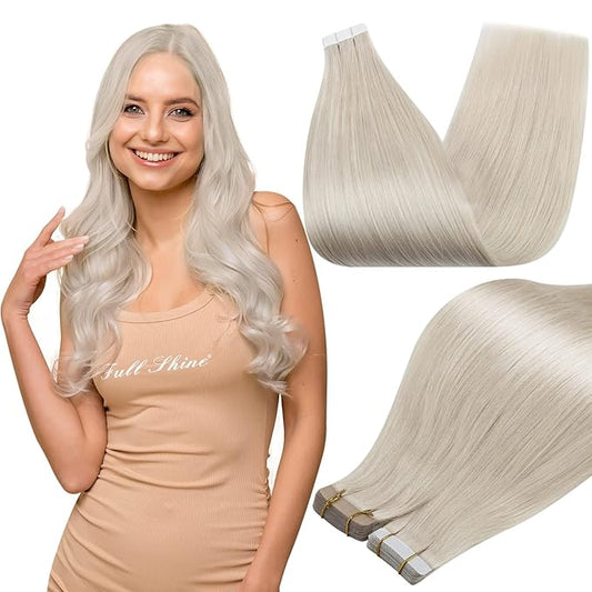 Full Shine Blonde Tape in Hair Extensions Human Hair Color 1000 Ice Blonde Double Sided Tape in Extensions Human Hair 14Inch Hair Extensions Real Human Hair for Women 50G Remy Natural Straight 20Pcs