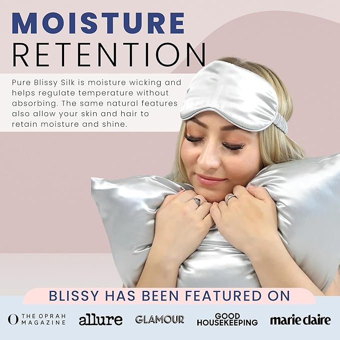 Blissy Silk Sleep Mask - Eye Sleeping Mask for Women & Men for Total Blackout - 100% Pure Mulberry Silk, 22 Momme 6a Fibers - Blindfold Sleep Mask Side Sleeper Eye Cover (Silver)