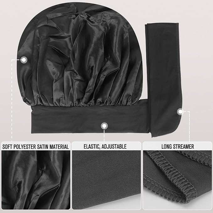 Arqumi Pack of 2 Satin Sleeping Bonnet, Large Sleep Bonnet with Long Strap, Adjustable Sleep Cap Hair Bonnet for Women & Men, Black+Pink