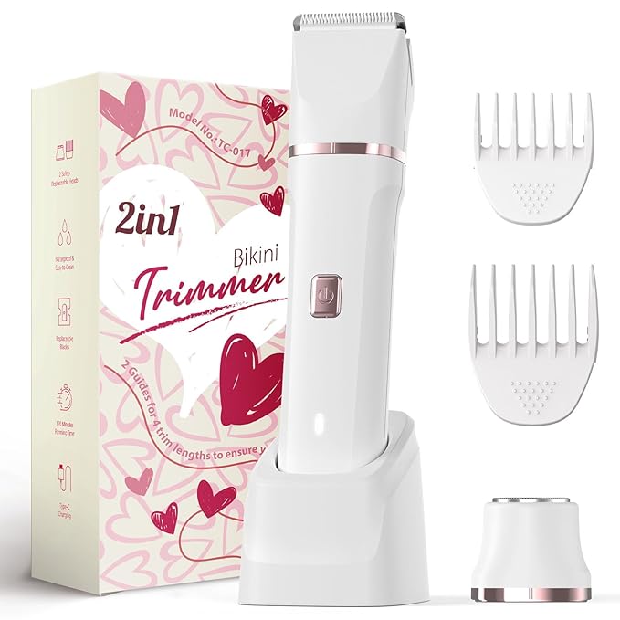 Bikini Trimmer for Women - Electric Razors for Women's Body Groomer, Replaceable Ceramic Blade Heads, Face Hair Remover Head, USB-C&Dock Charging, Waterproof&Easy Cleaning White